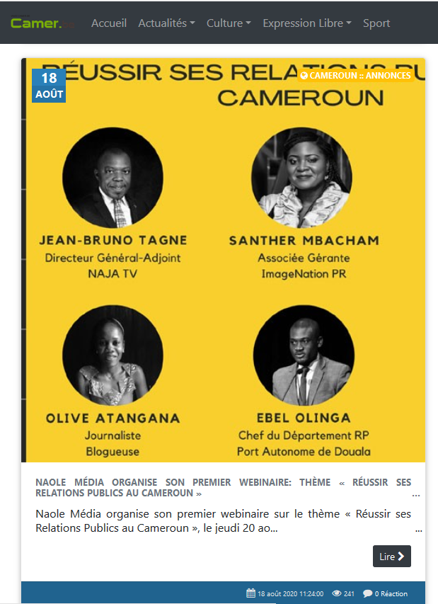 Naole Média organise son premier webinaire: thème « Réussir ses Relations Publics au Cameroun »
